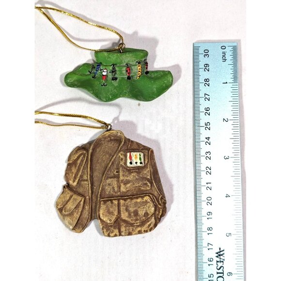 Fishing Vest and Hat Ornaments 2-Piece Brown Green Ceramic Gold String Vintage - Picture 2 of 3